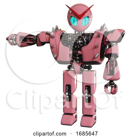 Cyborg Containing Grey Alien Style Head and Blue Grate Eyes and Heavy Upper Chest and Heavy Mech Chest and Shoulder Spikes and Prototype Exoplate Legs. Pink. Arm out Holding Invisible Object.. by Leo Blanchette