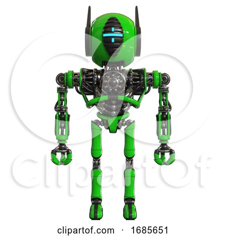 Android Containing Round Head and Vertical Cyclops Visor and Head Winglets and Heavy Upper Chest and No Chest Plating and Ultralight Foot Exosuit. Green. Front View. by Leo Blanchette