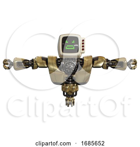 Cyborg Containing Old Computer Monitor and Angry Pixels Face and Red Buttons and Heavy Upper Chest and Heavy Mech Chest and Jet Propulsion. Gold. T-pose. by Leo Blanchette