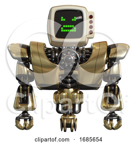Cyborg Containing Old Computer Monitor and Angry Pixels Face and Red Buttons and Heavy Upper Chest and Heavy Mech Chest and Jet Propulsion. Gold. Front View. by Leo Blanchette