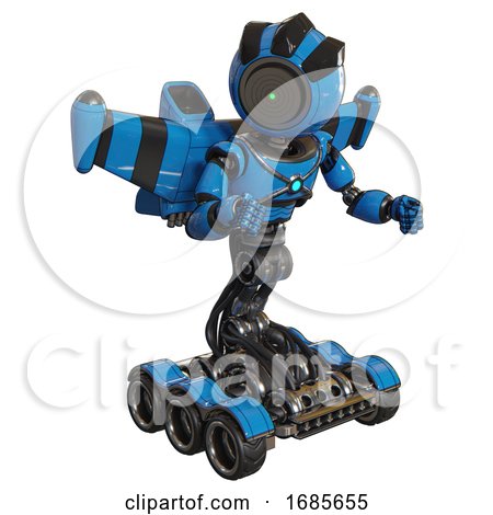 Robot Containing Green Dot Eye Corn Row Plastic Hair and Light Chest Exoshielding and Blue Energy Core and Stellar Jet Wing Rocket Pack and Six-wheeler Base. Blue. Fight or Defense Pose.. by Leo Blanchette