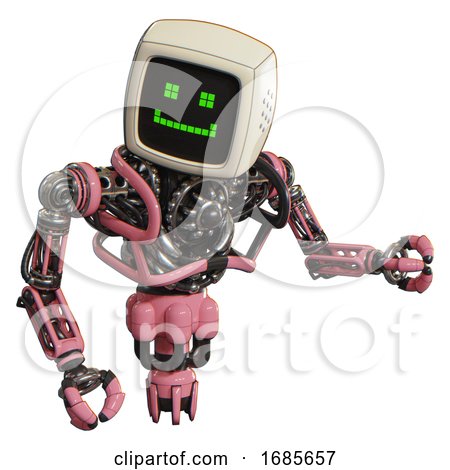 Android Containing Old Computer Monitor and Happy Pixel Face and Heavy Upper Chest and No Chest Plating and Jet Propulsion. Pink. Fight or Defense Pose.. by Leo Blanchette