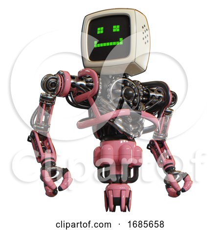 Android Containing Old Computer Monitor and Happy Pixel Face and Heavy Upper Chest and No Chest Plating and Jet Propulsion. Pink. Hero Pose. by Leo Blanchette