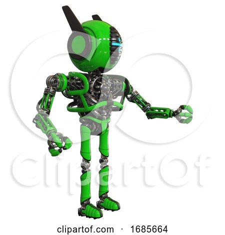 Android Containing Round Head and Vertical Cyclops Visor and Head Winglets and Heavy Upper Chest and No Chest Plating and Ultralight Foot Exosuit. Green. Interacting. by Leo Blanchette