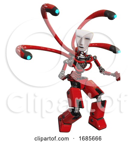 Cyborg Containing Humanoid Face Mask and Light Chest Exoshielding and Blue-eye Cam Cable Tentacles and No Chest Plating and Prototype Exoplate Legs. Red. Fight or Defense Pose.. by Leo Blanchette