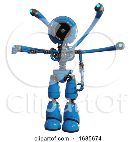 Bot Containing Cable Connector Head and Light Chest Exoshielding and Blue-eye Cam Cable Tentacles and No Chest Plating and Light Leg Exoshielding. Blue. Arm out Holding Invisible Object.. by Leo Blanchette