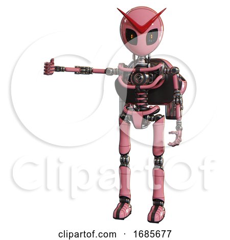 Automaton Containing Grey Alien Style Head and Metal Grate Eyes and Light Chest Exoshielding and Rocket Pack and No Chest Plating and Ultralight Foot Exosuit. Pink. Arm out Holding Invisible Object.. by Leo Blanchette