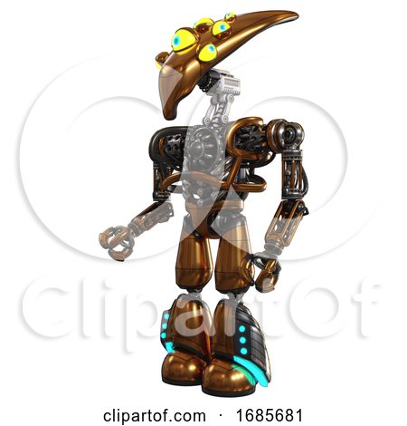 Droid Containing Flat Elongated Skull Head and Yellow Eyeball Array and Heavy Upper Chest and No Chest Plating and Light Leg Exoshielding and Megneto-hovers Foot Mod. Copper. Facing Right View. by Leo Blanchette