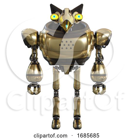 Automaton Containing Bird Skull Head and Big Yellow Eyes and Robobeak Design and Heavy Upper Chest and Ultralight Foot Exosuit. Gold. Front View. by Leo Blanchette