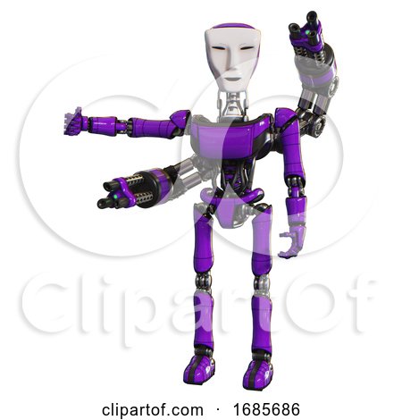 Bot Containing Humanoid Face Mask and Light Chest Exoshielding and Ultralight Chest Exosuit and Minigun Back Assembly and Ultralight Foot Exosuit. Purple. Arm out Holding Invisible Object.. by Leo Blanchette