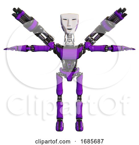 Bot Containing Humanoid Face Mask and Light Chest Exoshielding and Ultralight Chest Exosuit and Minigun Back Assembly and Ultralight Foot Exosuit. Purple. T-pose. by Leo Blanchette