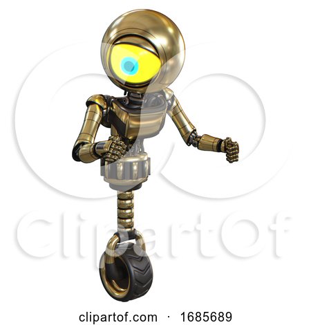 Android Containing Giant Eyeball Head Design and Light Chest Exoshielding and Ultralight Chest Exosuit and Unicycle Wheel. Gold. Fight or Defense Pose.. by Leo Blanchette