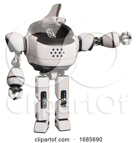 Robot Containing Dual Retro Camera Head and Reversed Fin Head and Heavy Upper Chest and Prototype Exoplate Legs. White. Pointing Left or Pushing a Button.. by Leo Blanchette