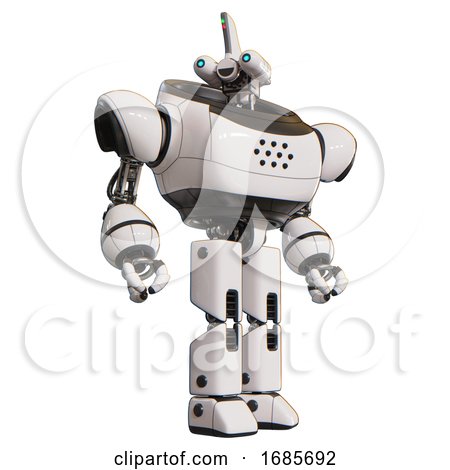 Robot Containing Dual Retro Camera Head and Reversed Fin Head and Heavy Upper Chest and Prototype Exoplate Legs. White. Hero Pose. by Leo Blanchette