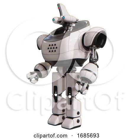 Robot Containing Dual Retro Camera Head and Reversed Fin Head and Heavy Upper Chest and Prototype Exoplate Legs. White. Facing Right View. by Leo Blanchette