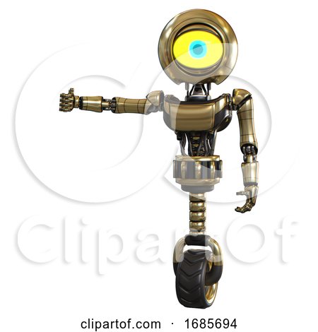 Android Containing Giant Eyeball Head Design and Light Chest Exoshielding and Ultralight Chest Exosuit and Unicycle Wheel. Gold. Arm out Holding Invisible Object.. by Leo Blanchette