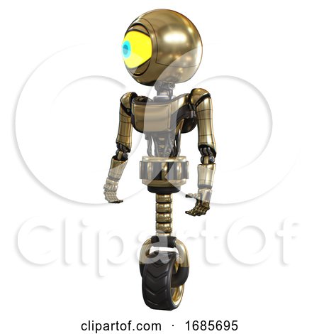 Android Containing Giant Eyeball Head Design and Light Chest Exoshielding and Ultralight Chest Exosuit and Unicycle Wheel. Gold. Standing Looking Right Restful Pose. by Leo Blanchette