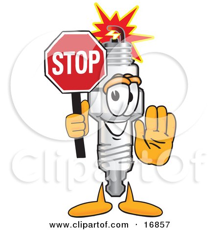 Clipart Picture of a Spark Plug Mascot Cartoon Character Holding a Stop Sign by Mascot Junction