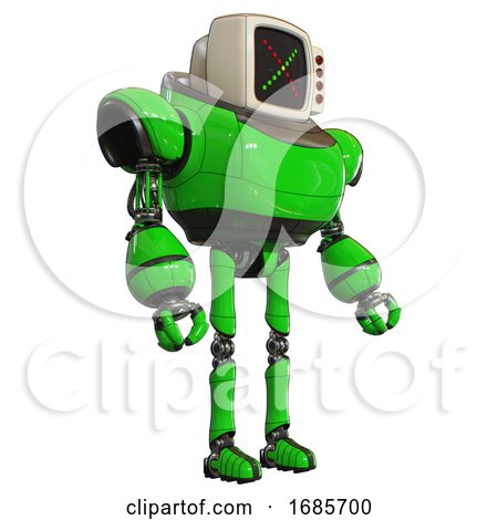 Automaton Containing Old Computer Monitor and Colored X Display and Red Buttons and Heavy Upper Chest and Ultralight Foot Exosuit. Green. Facing Left View. by Leo Blanchette