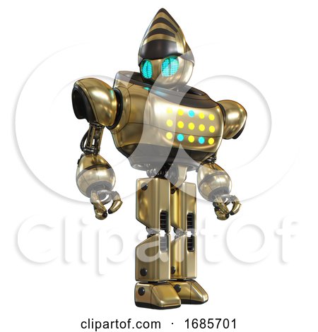 Android Containing Grey Alien Style Head and Blue Grate Eyes and Heavy Upper Chest and Colored Lights Array and Prototype Exoplate Legs. Gold. Hero Pose. by Leo Blanchette