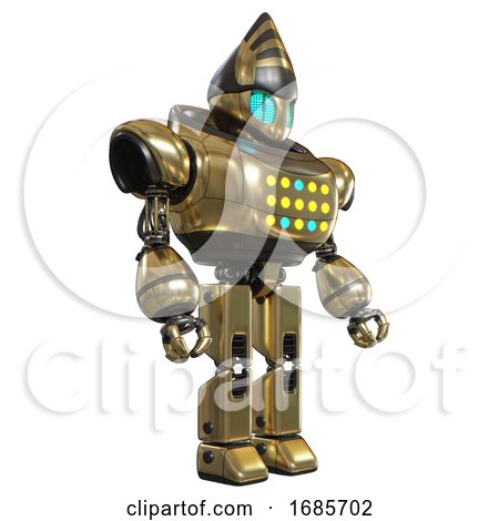 Android Containing Grey Alien Style Head and Blue Grate Eyes and Heavy Upper Chest and Colored Lights Array and Prototype Exoplate Legs. Gold. Facing Left View. by Leo Blanchette