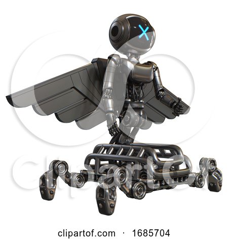 Bot Containing Digital Display Head and X Face and Light Chest Exoshielding and Ultralight Chest Exosuit and Pilot's Wings Assembly and Insect Walker Legs. Metal. Facing Left View. by Leo Blanchette