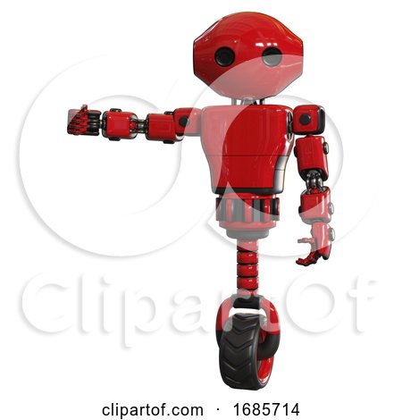 Mech Containing Oval Wide Head and Light Chest Exoshielding and Prototype Exoplate Chest and Unicycle Wheel. Red. Arm out Holding Invisible Object.. by Leo Blanchette