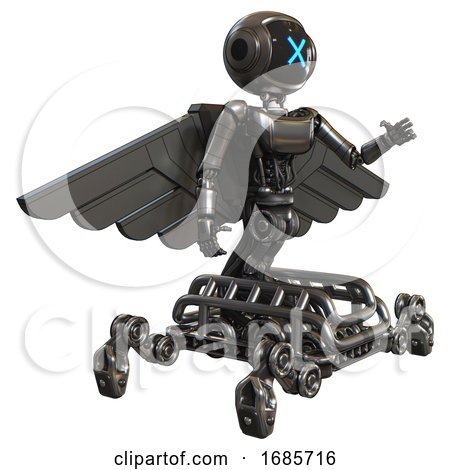 Bot Containing Digital Display Head and X Face and Light Chest Exoshielding and Ultralight Chest Exosuit and Pilot's Wings Assembly and Insect Walker Legs. Metal. Interacting. by Leo Blanchette