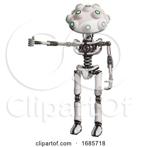 Cyborg Containing Techno Multi-eyed Domehead Design and Light Chest Exoshielding and No Chest Plating and Ultralight Foot Exosuit. White. Arm out Holding Invisible Object.. by Leo Blanchette
