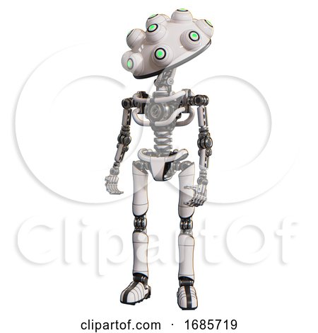 Cyborg Containing Techno Multi-eyed Domehead Design and Light Chest Exoshielding and No Chest Plating and Ultralight Foot Exosuit. White. Standing Looking Right Restful Pose. by Leo Blanchette