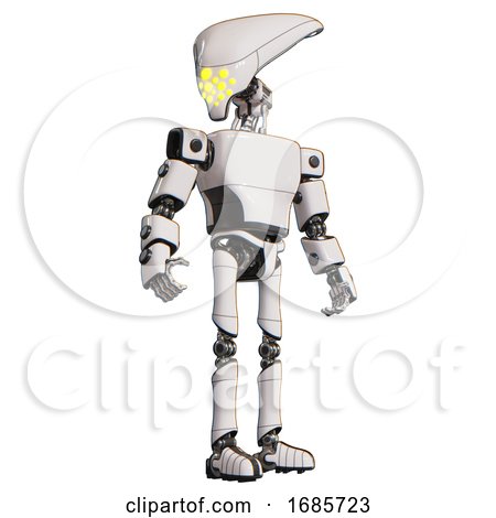 Android Containing Flat Elongated Skull Head and Light Chest Exoshielding and Prototype Exoplate Chest and Ultralight Foot Exosuit. White. Hero Pose. by Leo Blanchette