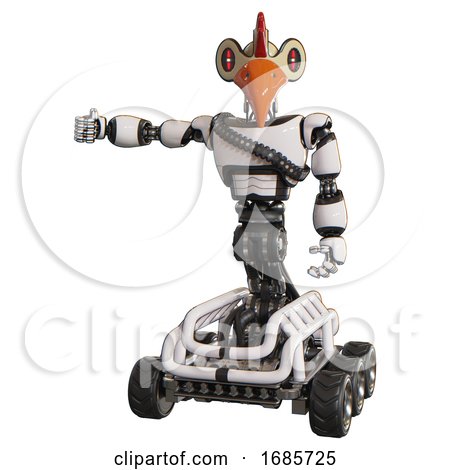 Robot Containing Bird Skull Head and Red Line Eyes and Chicken Design and Light Chest Exoshielding and Rubber Chain Sash and Six-wheeler Base. White. Arm out Holding Invisible Object.. by Leo Blanchette