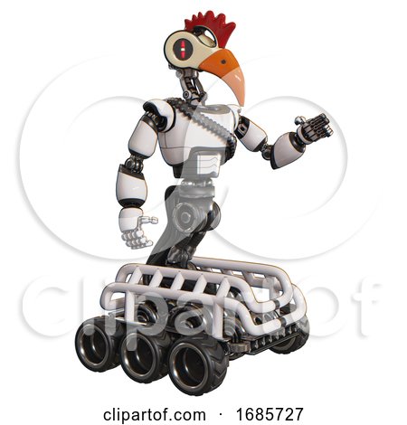 Robot Containing Bird Skull Head and Red Line Eyes and Chicken Design and Light Chest Exoshielding and Rubber Chain Sash and Six-wheeler Base. White. Interacting. by Leo Blanchette
