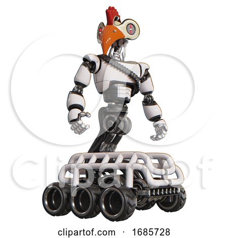 Robot Containing Bird Skull Head and Red Line Eyes and Chicken Design and Light Chest Exoshielding and Rubber Chain Sash and Six-wheeler Base. White. Hero Pose. by Leo Blanchette