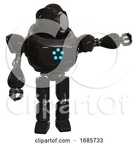 Bot Containing Green Dot Eye Corn Row Plastic Hair and Heavy Upper Chest and Circle of Blue Leds and Prototype Exoplate Legs. Black. Pointing Left or Pushing a Button.. by Leo Blanchette
