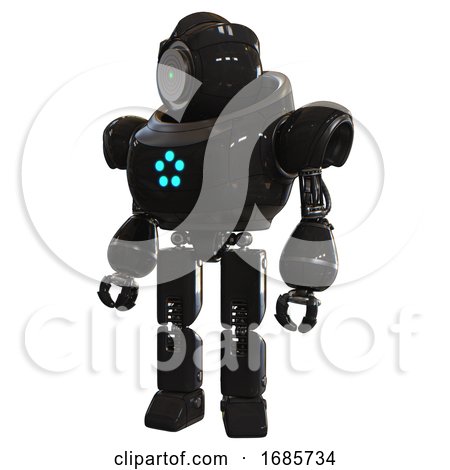 Bot Containing Green Dot Eye Corn Row Plastic Hair and Heavy Upper Chest and Circle of Blue Leds and Prototype Exoplate Legs. Black. Standing Looking Right Restful Pose. by Leo Blanchette