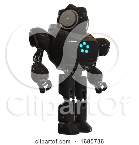 Bot Containing Green Dot Eye Corn Row Plastic Hair and Heavy Upper Chest and Circle of Blue Leds and Prototype Exoplate Legs. Black. Hero Pose. by Leo Blanchette