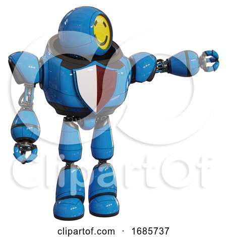 Android Containing Round Head Yellow Happy Face and Heavy Upper Chest and Red Shield Defense Design and Light Leg Exoshielding. Blue. Pointing Left or Pushing a Button.. by Leo Blanchette