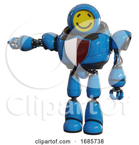 Android Containing Round Head Yellow Happy Face and Heavy Upper Chest and Red Shield Defense Design and Light Leg Exoshielding. Blue. Arm out Holding Invisible Object.. by Leo Blanchette