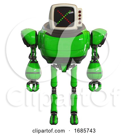 Automaton Containing Old Computer Monitor and Colored X Display and Red Buttons and Heavy Upper Chest and Ultralight Foot Exosuit. Green. Front View. by Leo Blanchette