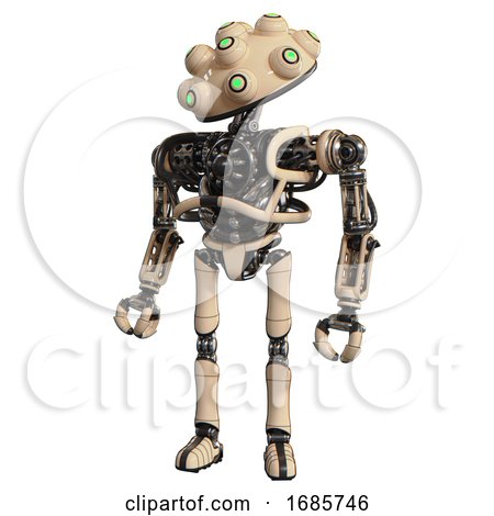Droid Containing Techno Multi-eyed Domehead Design and Heavy Upper Chest and No Chest Plating and Ultralight Foot Exosuit. Off-white. Standing Looking Right Restful Pose. by Leo Blanchette