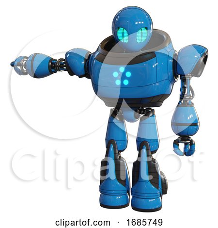 Cyborg Containing Grey Alien Style Head and Blue Grate Eyes and Heavy Upper Chest and Circle of Blue Leds and Light Leg Exoshielding and Stomper Foot Mod. Blue. Arm out Holding Invisible Object.. by Leo Blanchette