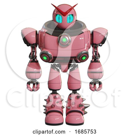 Robot Containing Grey Alien Style Head and Blue Grate Eyes and Heavy Upper Chest and Chest Green Energy Cores and Light Leg Exoshielding and Spike Foot Mod. Pink. Front View. by Leo Blanchette