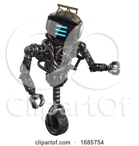 Android Containing Digital Display Head and Three Horizontal Line Design and Led and Protection Bars and Heavy Upper Chest and No Chest Plating and Unicycle Wheel. Metal. Fight or Defense Pose.. by Leo Blanchette