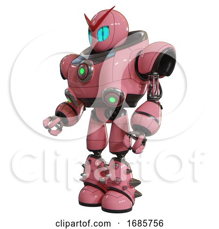 Robot Containing Grey Alien Style Head and Blue Grate Eyes and Heavy Upper Chest and Chest Green Energy Cores and Light Leg Exoshielding and Spike Foot Mod. Pink. Facing Right View. by Leo Blanchette