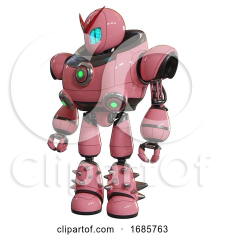 Robot Containing Grey Alien Style Head and Blue Grate Eyes and Heavy Upper Chest and Chest Green Energy Cores and Light Leg Exoshielding and Spike Foot Mod. Pink. Standing Looking Right Restful Pose. by Leo Blanchette