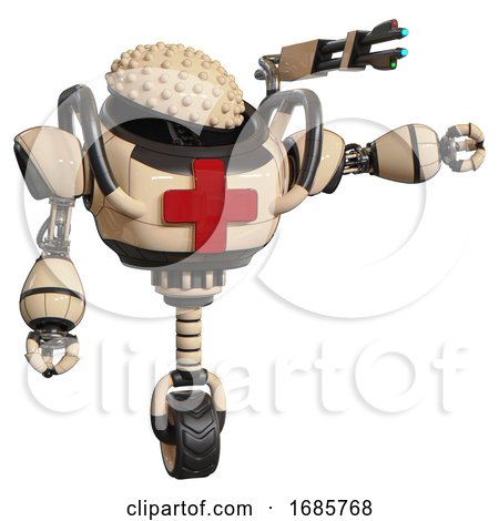 Mech Containing Knucklehead Design and Heavy Upper Chest and First Aid Chest Symbol and Unicycle Wheel. Off-white. Pointing Left or Pushing a Button.. by Leo Blanchette