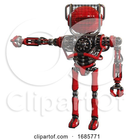 Bot Containing Oval Wide Head and Red Horizontal Visor and Barbed Wire Visor Helmet and Heavy Upper Chest and No Chest Plating and Ultralight Foot Exosuit. Red. Arm out Holding Invisible Object.. by Leo Blanchette