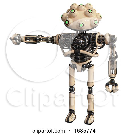 Droid Containing Techno Multi-eyed Domehead Design and Heavy Upper Chest and No Chest Plating and Ultralight Foot Exosuit. Off-white. Arm out Holding Invisible Object.. by Leo Blanchette