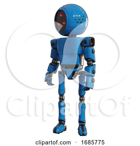 Robot Containing Three Led Eyes Round Head and Light Chest Exoshielding and Prototype Exoplate Chest and Ultralight Foot Exosuit. Blue. Standing Looking Right Restful Pose. by Leo Blanchette